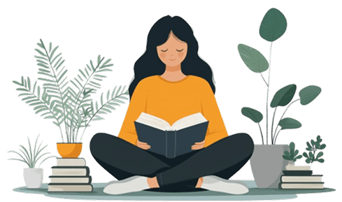 Student reading a book surrounded by plants